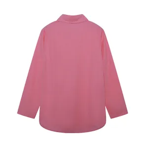 Detailed rear view of the pink long-sleeved casual shirt showing the curved hemline
