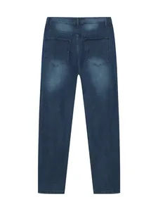 Detailed back view of men's slim fit dark blue washed stretch denim skinny jeans pants