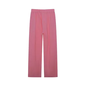Detailed front view of casual pink wide-leg trousers featuring comfortable elastic waistband