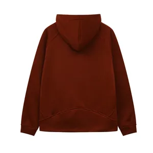 Back view of a dark terracotta fleece hoodie with raglan sleeves and curved hem design
