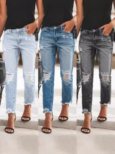 Women Distressed High Waist Straight Leg Jeans Retro Cotton Ripped Denim Bottoms Vintage Wash Raw Hem Long Denim Pants