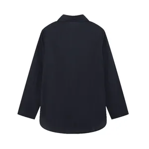 Back view of a casual long-sleeve lapel shirt in solid black, part of a two-piece set