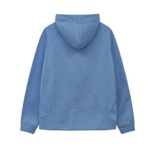 Back detail view of a premium blue hooded fleece sweatshirt with stylish curved hem