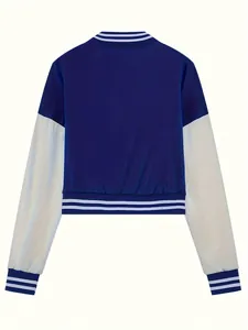 Back view of navy blue and white cropped bomber jacket with striped ribbed trims.