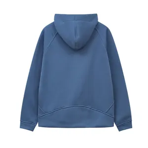 Back view of a fashionable blue cropped fleece-lined sports hoodie with hood detail