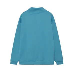 Vista posteriore di una felpa azzurra con mezza zip e maniche lunghe da donna (83 chars)