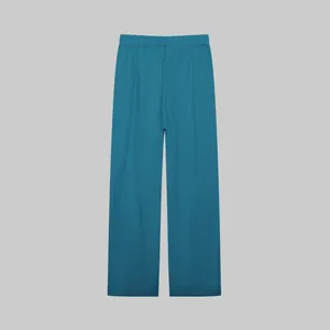 Detailed front view of women's teal wide-leg casual trousers featuring an elastic waistband