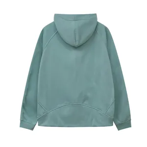 Back view of a teal sporty hooded sweatshirt featuring raglan sleeves and curved stitching details.