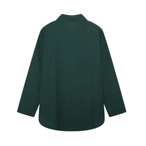 Back view of minimalist dark green long-sleeved shirt with a classic lapel collar design.
