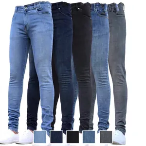 Men's skinny stretch denim jeans available in light blue, navy, black, and grey colors