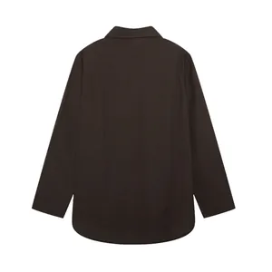 Back view of a minimalist dark brown long-sleeved lapel shirt with stylish curved hem