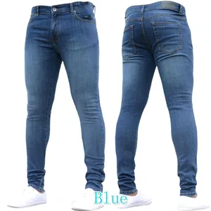 Detail showing front and back view of blue slim fit stretch denim skinny jeans for men