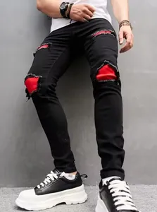 Men Streetwear Ripped Jeans Black Slim Fit Patchwork Denim Pants Elastic Distressed Tapered Bottom Casual Wear Trousers