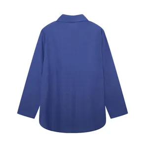 Back view of a solid royal blue long-sleeved casual shirt with lapel collar for women