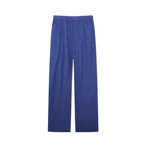 Detailed view of navy blue wide-leg casual trousers with comfortable elastic waistband