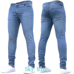 Front and back view of men's slim fit sky blue stretch denim skinny jeans pants