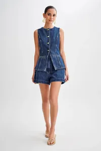 Stylish 2024 summer casual sleeveless high-waisted denim two-piece set in dark blue