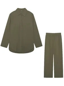 Olive green casual two-piece set with long sleeve button-down shirt and wide leg pants.