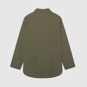 Back view of olive green long-sleeved shirt featuring a classic lapel and curved hemline.