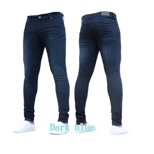 Detailed view showing the fit and color of dark blue slim-fit stretch denim jeans for men