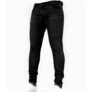Close-up of men's slim fit black stretch denim jeans with a stylish skinny leg cut