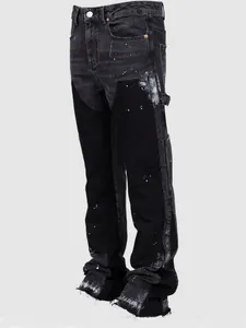 Men's distressed flare cargo jeans with patchwork and paint splatter design