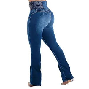 Vaqueros acampanados de cintura alta y corte ajustado para mujer en denim azul oscuro