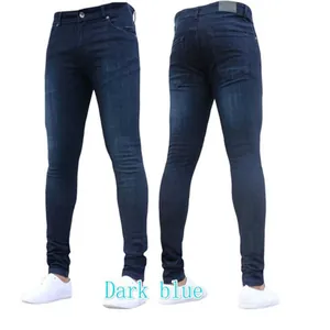 Men's slim fit stretch denim jeans in dark blue color, featuring front and back views