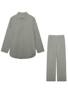 Flat lay of women's grey two-piece set featuring a collared shirt and wide-leg pants