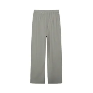 Close-up detail of grey solid color wide-leg trousers featuring an elastic waistband.