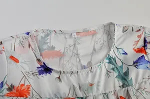 Nahaufnahme des Ausschnitts mit Blumenmuster an einem weißen kurzärmeligen Kleid