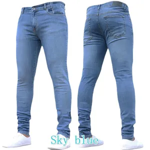 Men's slim fit stretch denim jeans in sky blue color shown from front and back view