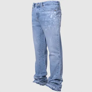 Men's light blue straight-leg denim jeans featuring distressed wash and raw frayed hem detail