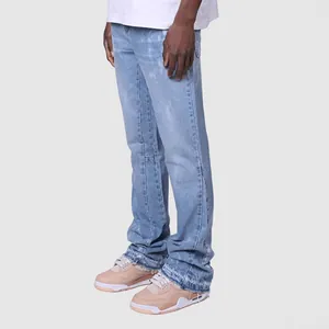 Full side profile of light blue denim jeans showing the straight-leg cut and stack at hem
