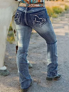 Vaqueros de Mezclilla Vintage Americanos para Mujer de Cintura Alta Corte Ajustado Pantalones de Mezclilla Elásticos Con Bordado de Caballo Western Vaqueros de Estilo Callejero Western