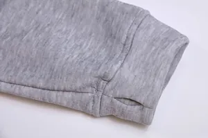 Close-up detail of gray fleece sweatshirt cuff featuring a functional thumbhole design