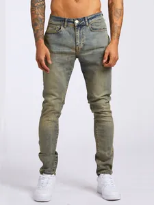Jean denim ajusté taille haute pour hommes avec effet délavé vintage style urbain