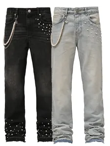 Men European Street Fashion Stacked Hem Jeans Cotton Washed Straight Pants With Artificial Pearl Embellishment Metal Chain Top