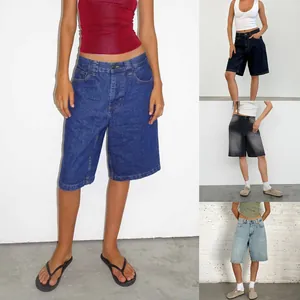 Collage of women's vintage loose denim Bermuda shorts in four different washes