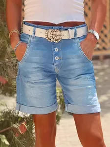 Women High Waist Stretch Denim Shorts Casual Button Fly Cuffed Hem Straight Washed Jeans Shorts For Daily Summer Wear