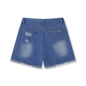 Back view detail of women's distressed denim shorts with rolled hem and ripped pockets