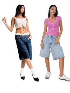 Women Casual Denim Bermuda Shorts High Waist Slim Fit Non-Stretch Sand Washed Knee Length Denim Shorts For Summer Daily Street Style Top
