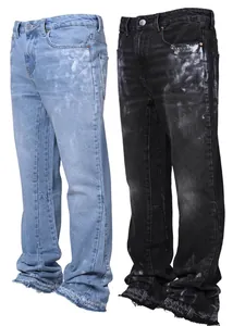 Men's Streetwear Straight Leg Denim Jeans Splatter Bleached Distressed Raw Hem Stretch Denim Pants For Men Casual Street Style