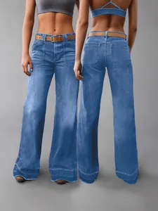 Women's high-waisted washed blue flare jeans with patchwork detail and wide leg