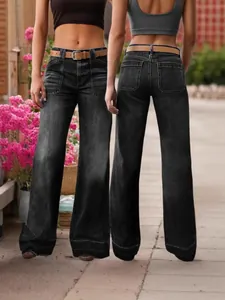 High-waisted women's dark washed flare denim jeans showing front and back views in garden