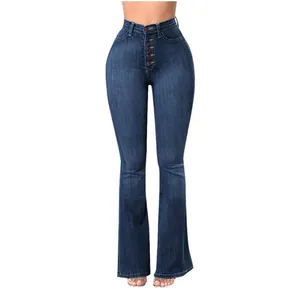 High-waisted stretch flared blue denim jeans featuring a stylish multi-button fly detail