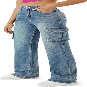 Retro cargojeans voor dames met hoge taille, wijde pijpen en meerdere zakken in vintage blauw denim
