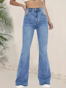 Damen Flare Jeans Mit Hoher Taille Slim Fit Hohe Elastizität Gewaschene Denim Hose Mode Streetwear Hellblau Schlaghose