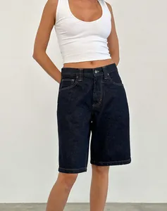 Dark blue vintage denim shorts for women, relaxed fit mid-thigh length casual wear