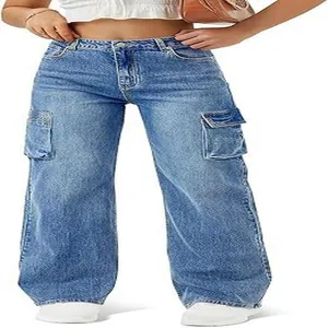 Dames cargo jeans met hoge taille, wijde pijpen en retro denim ontwerp met zakken